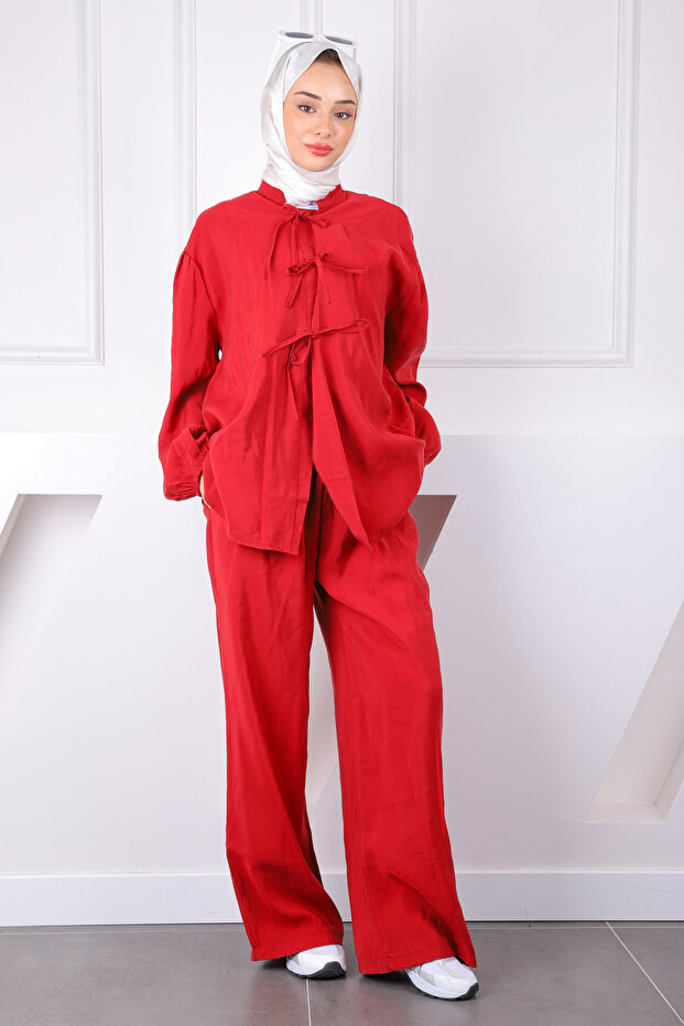 Burgundy Front Tie Kimono Pants Suit