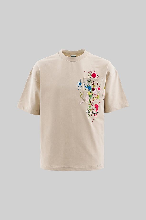 Erkek Splater Look Colored Embroidered Oversize Soft Bej Tişört - 1