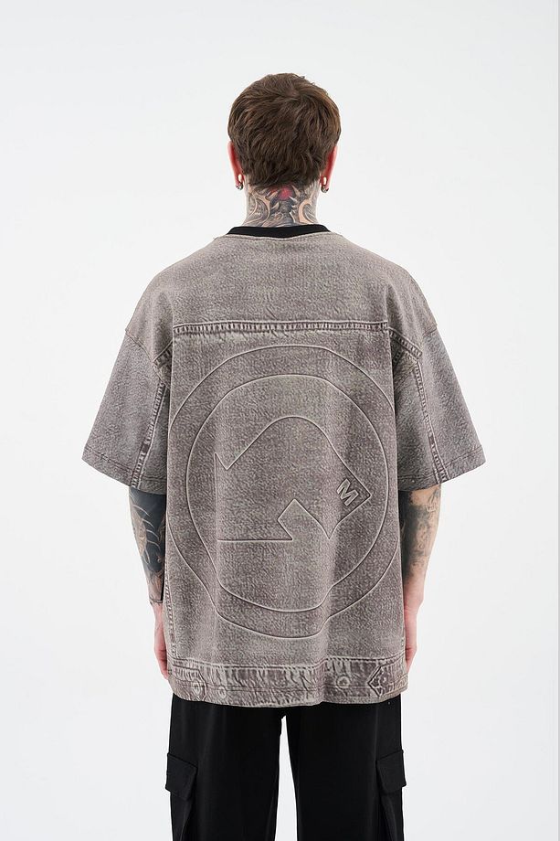 Erkek Denim Efect Oversize Soft Bej Tişört - 5