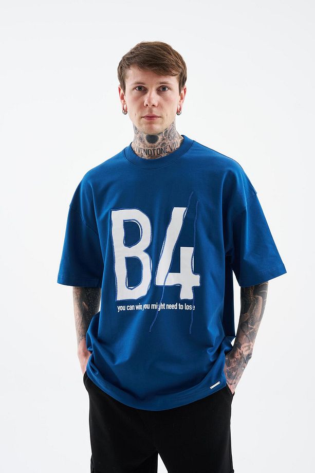 Erkek B4 Printed And Embroidered Oversize İndigo Tişört - 4
