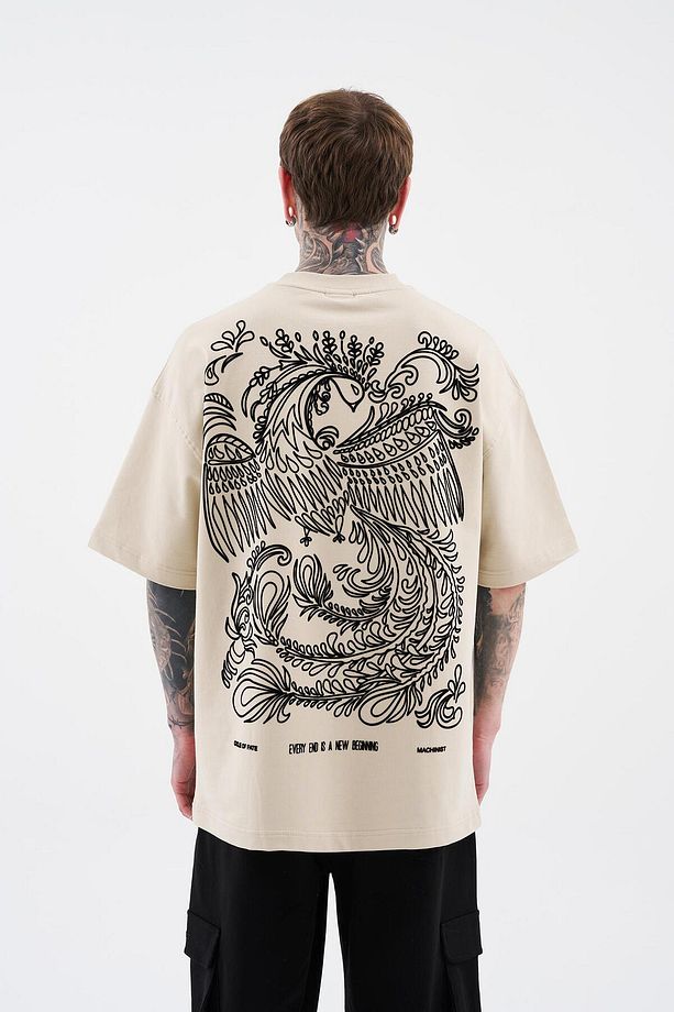 Erkek Flock Printed Oversize Soft Bej Tişört - 6