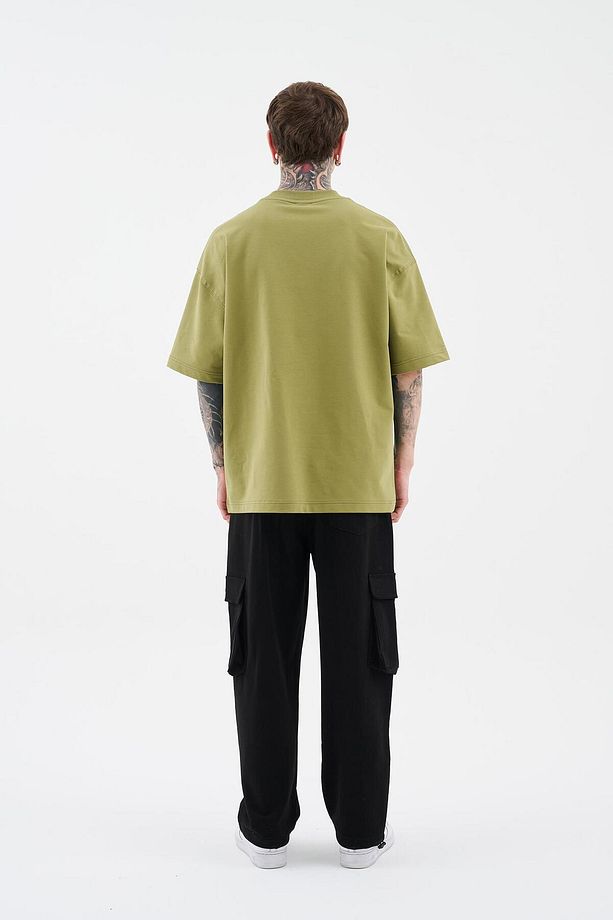 Erkek Swan Printed Oversize Askeri Yeşil Tişört - 8