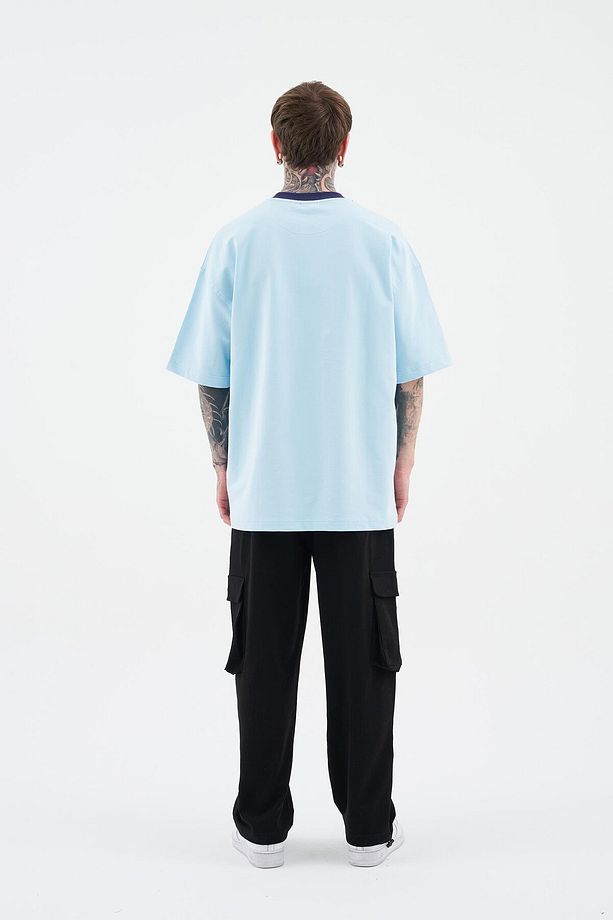 Erkek Colored And Technical Embroidered Oversize Light Mavi Tişört - 6