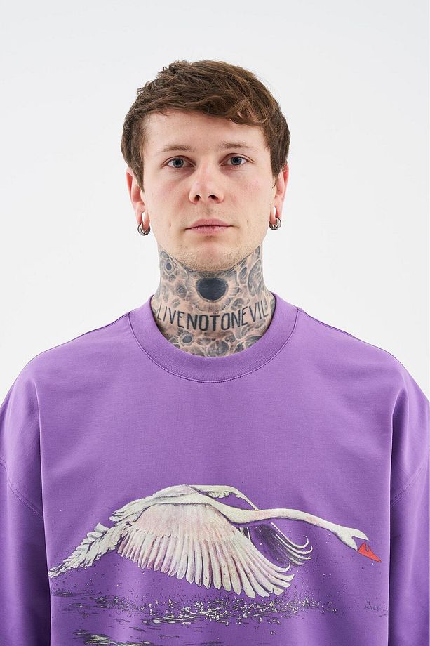 Erkek Swan Printed Oversize Mor Tişört - 5