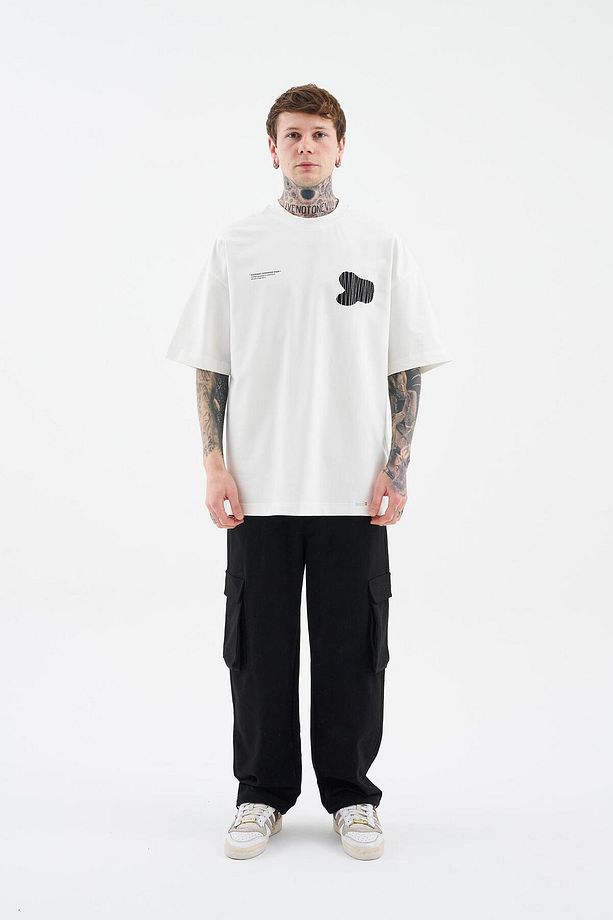 Erkek Patchwork And Stitched Oversize Ekru Tişört - 8