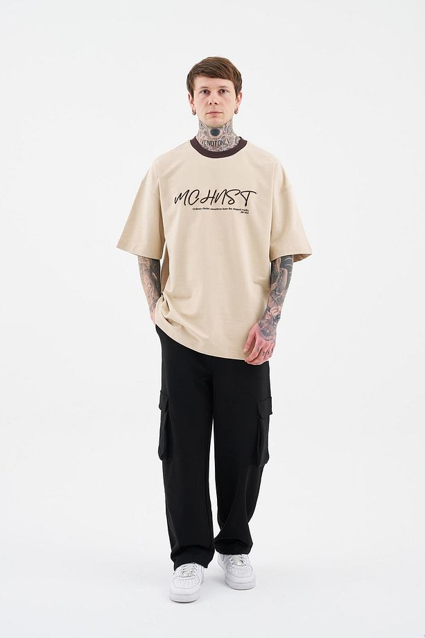 Erkek Colored And Technical Embroidered Oversize Soft Bej Tişört - 5