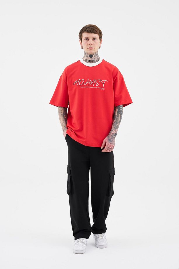 Erkek Colored And Technical Embroidered Oversize Ateş Kırmızısı Tişört - 5