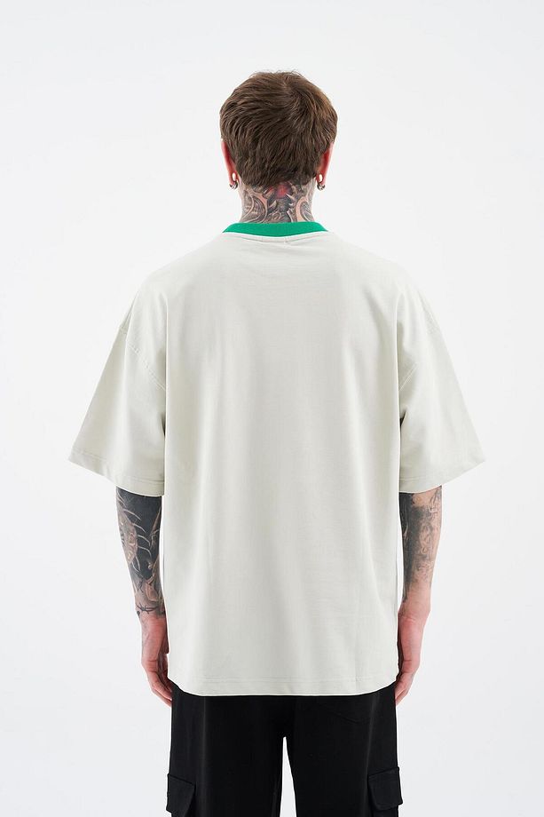 Erkek Color Gradient Embroidered Oversize Uzay Grisi Tişört - 6