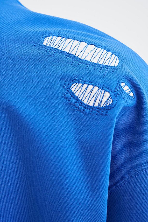 Erkek Patchwork And Stitched Oversize Soft Mavi Tişört - 4