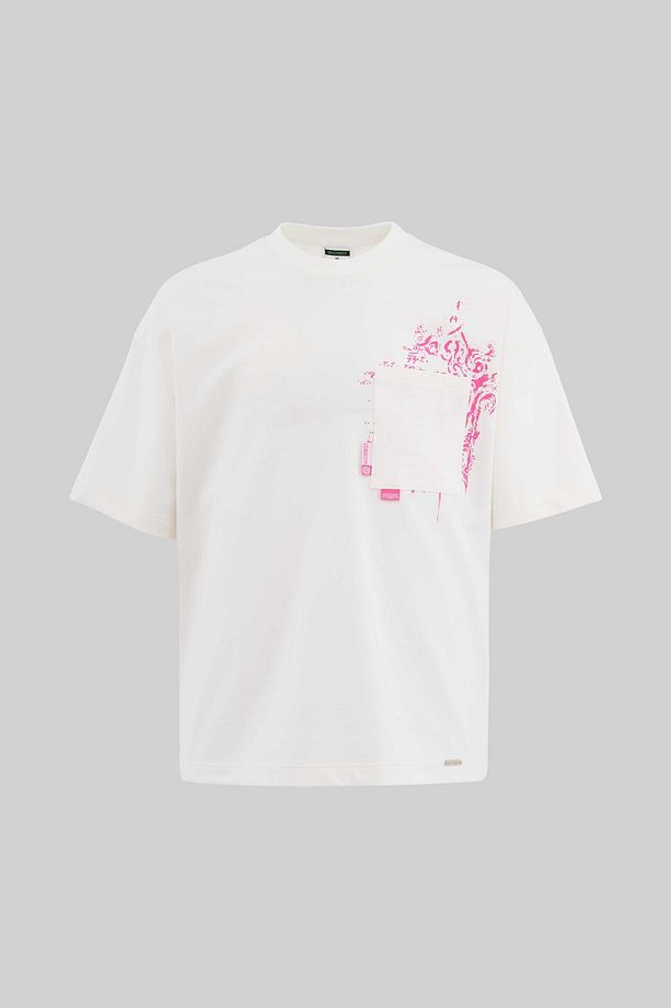 Erkek Label And Print Pocket Oversize Ekru Tişört - 1