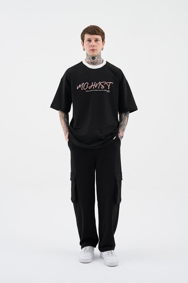 Erkek Colored And Technical Embroidered Oversize Siyah Tişört - 5