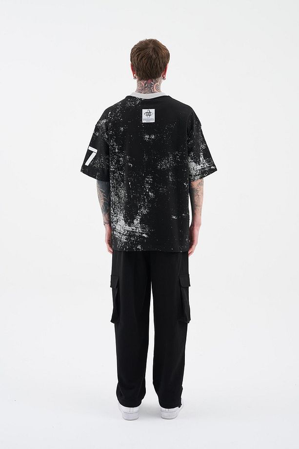 Erkek All Over Printed And Contrast Collar Oversize Siyah Tişört - 6
