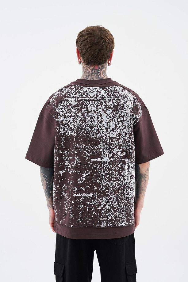 Erkek Rug Pattern Flock Printed Oversize Kahverengie Tişört - 6