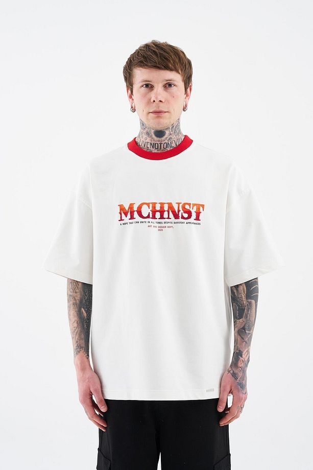 Erkek Color Gradient Embroidered Oversize Ekru Tişört - 4