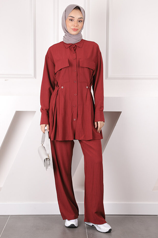 Burgundy Pocket Tunic Trousers Suit