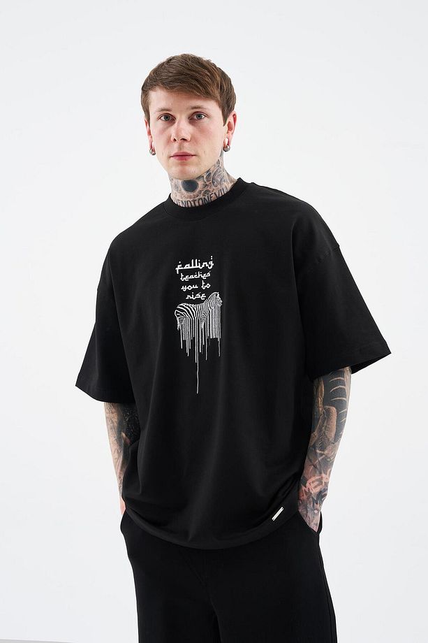 Erkek Printed And Zebra Oversize Siyah Tişört - 4