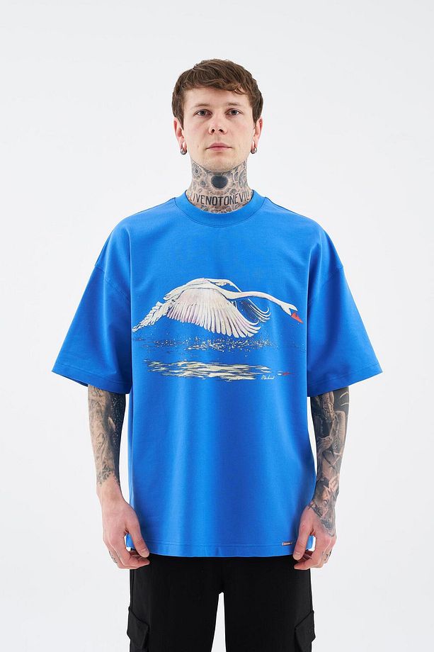 Erkek Swan Printed Oversize Soft Mavi Tişört - 4