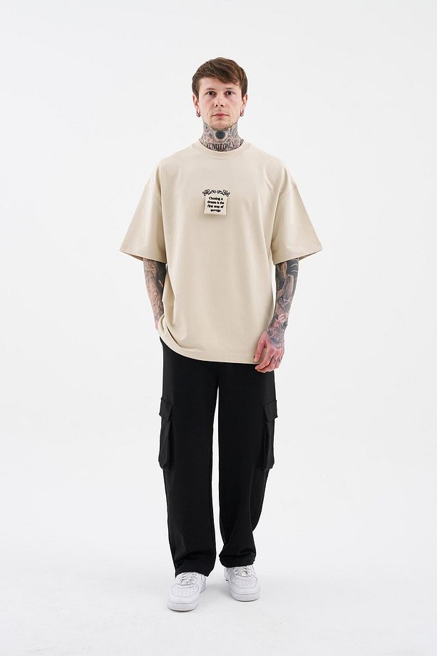 Erkek Flock Printed Oversize Soft Bej Tişört - 5