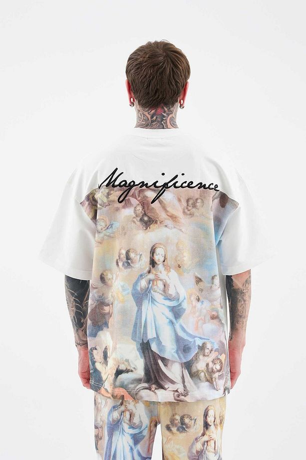 Erkek Baroque Style Painting Printed Oversize Ekru Tişört - 4