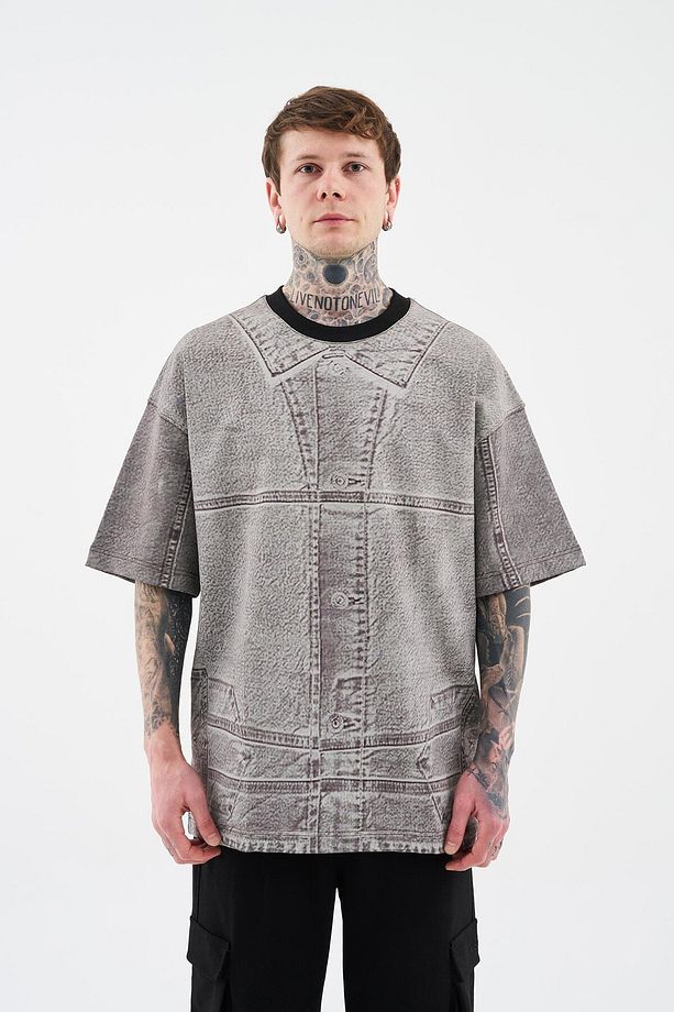 Erkek Denim Efect Oversize Soft Bej Tişört - 4
