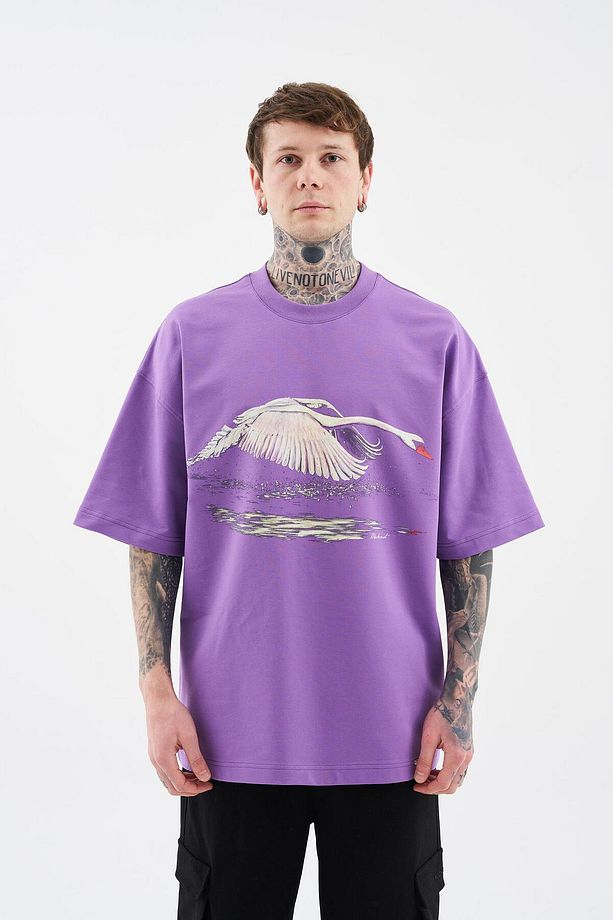 Erkek Swan Printed Oversize Mor Tişört - 4