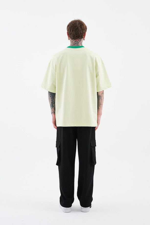 Erkek Color Gradient Embroidered Oversize Limon Yeşili Tişört - 8
