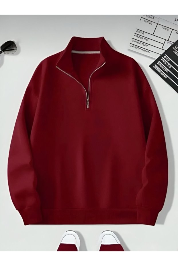 Half Zipper Unprinted Burgundy Sweatshirt