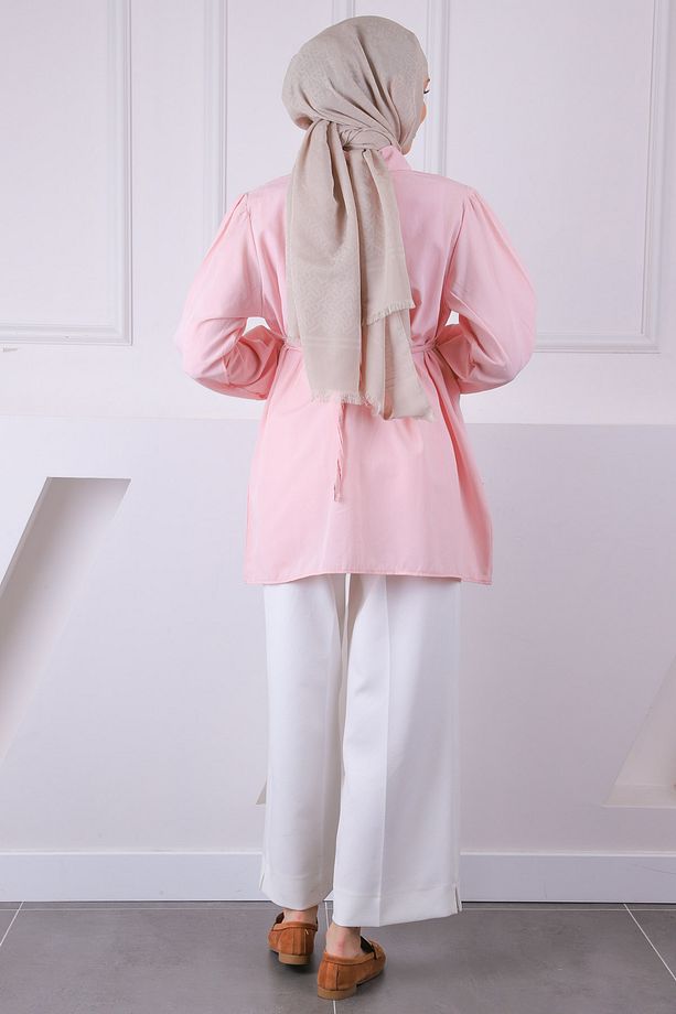 Pembe Kuşaklı Düğmeli Tunik - 4