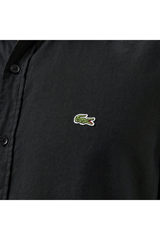 Erkek Slim Fit Keten Siyah Gömlek - 5