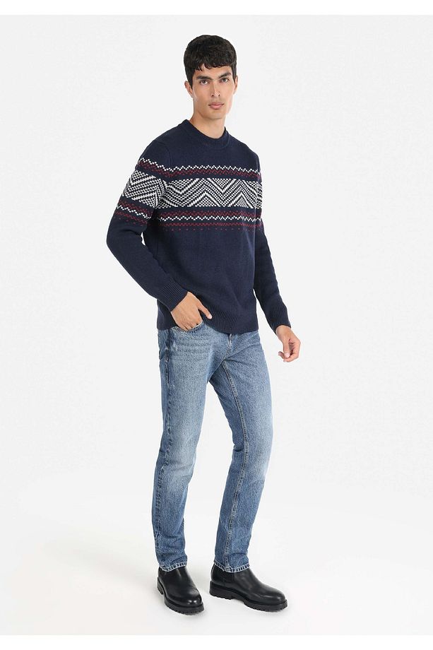 Regular Fit Yuvarlak Yaka Jakarlı Erkek Lacivert Kazak - 3