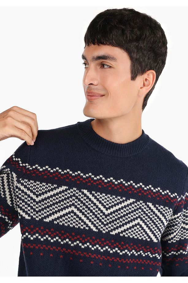 Regular Fit Yuvarlak Yaka Jakarlı Erkek Lacivert Kazak - 4