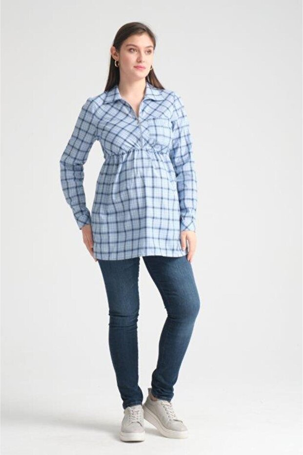 Işşil B0014-Zipper Collar Plaid Breastfeeding Maternity Shirt