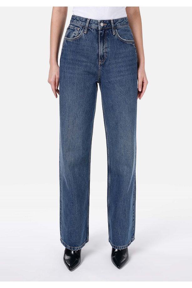 970 Berry Regular Fit Yüksel Bel Geniş Paça Kadın Mavi Jean Pantolon - 4