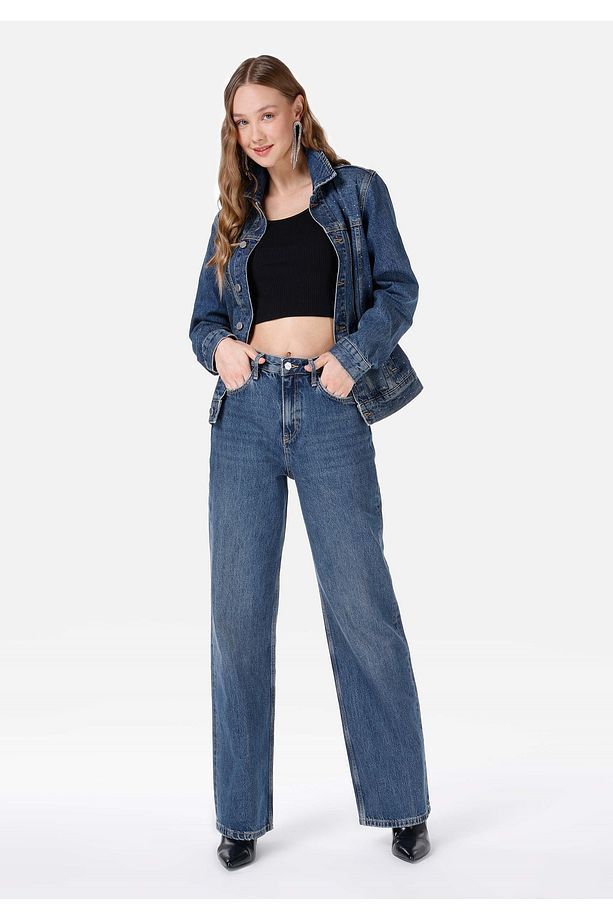970 Berry Regular Fit Yüksel Bel Geniş Paça Kadın Mavi Jean Pantolon - 3