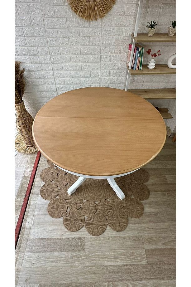 Concept Baba Ayaklı Masa Naturel Ahşap Yuvarlak Üst Tablalı Beyaz Ayaklı Açılır Masa (ÇAP 100 CM) - 4