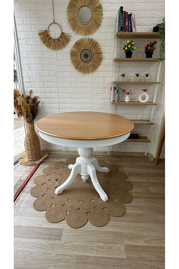 Concept Baba Ayaklı Masa Naturel Ahşap Yuvarlak Üst Tablalı Beyaz Ayaklı Açılır Masa (ÇAP 100 CM) - 1