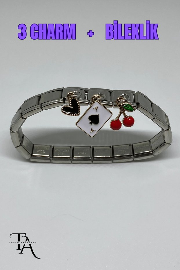 Set of Italian Charm Steel Bracelet with 3 Charm Gifts 9mm