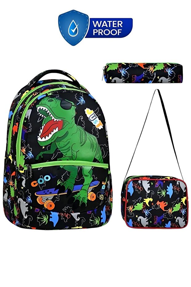 Dinosaur Patterned Luxury Printed Set of 3 Backpack and School Bag with Lunchbox and Pen Holder