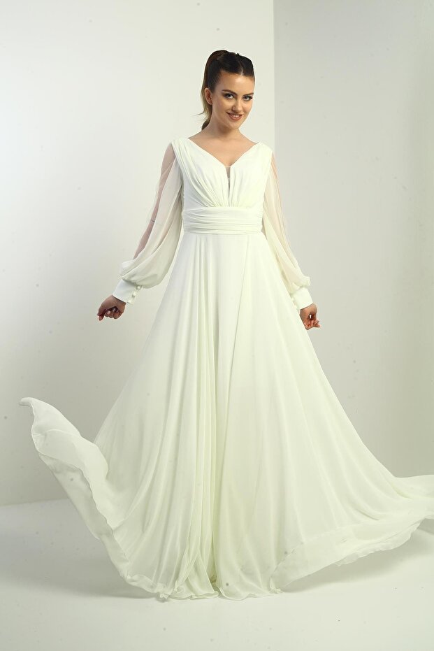 Front and back V-neck draped front, tulle-lined sleeves, wide-size range, long chiffon dress