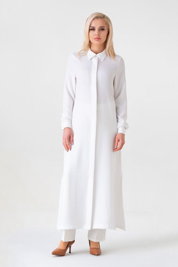 Long Tunic Linen Look with Hidden Placket - Ecru