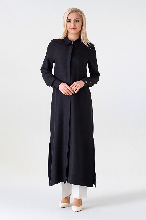 Long Tunic Linen Look with Hidden Placket - Black