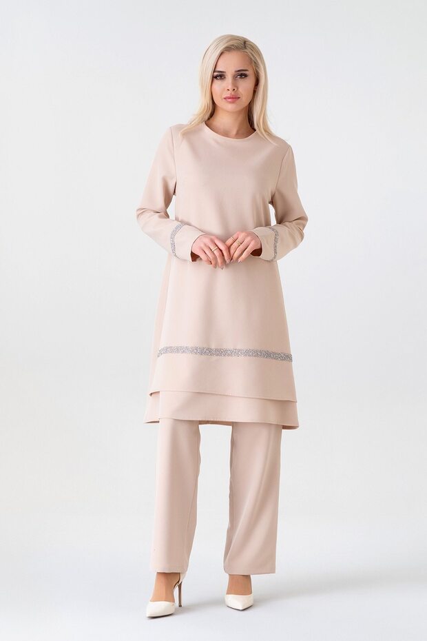 Stone Detailed Hijab Suit - Stone