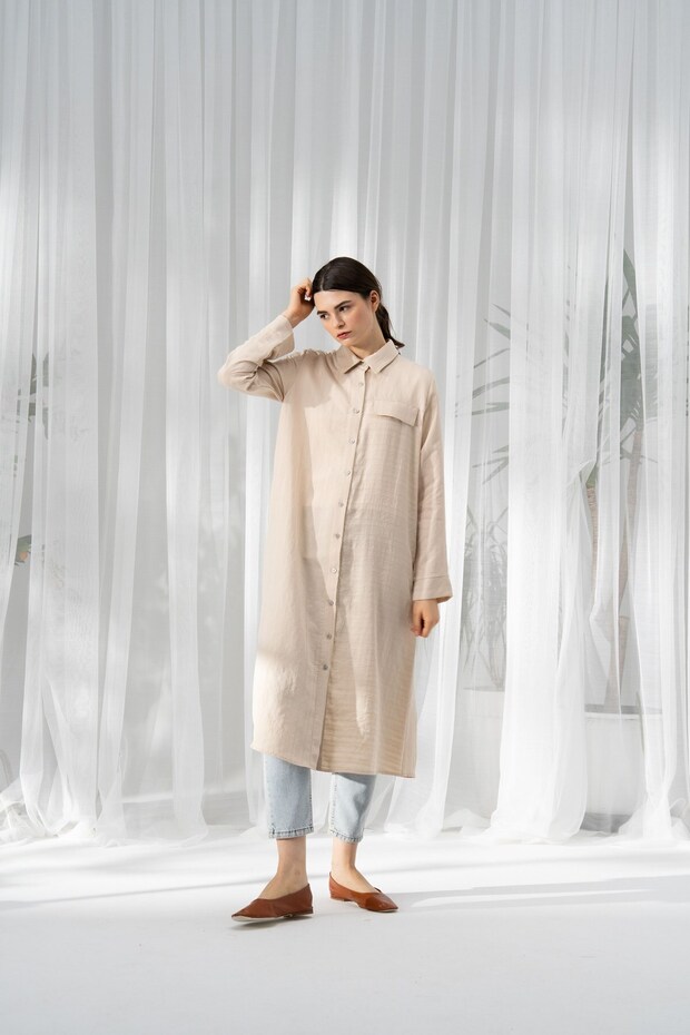 Modal Tokalı Gömlek Bej - 4