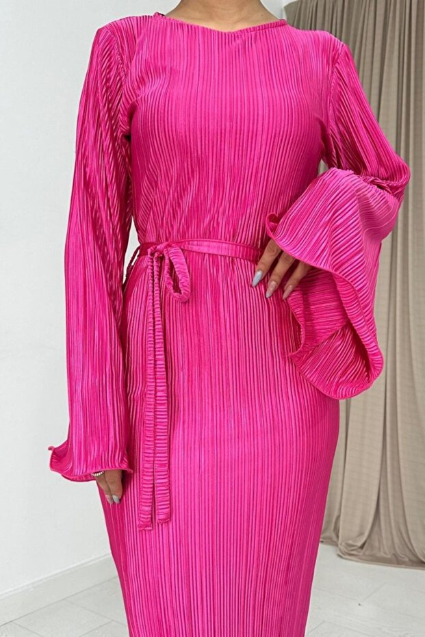 Fuşya Ispanyol Kol Piliseli Elbise - 3