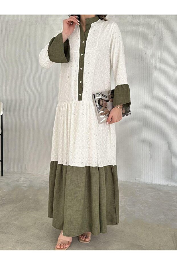 Button Detailed Two Color Embroidery Dress