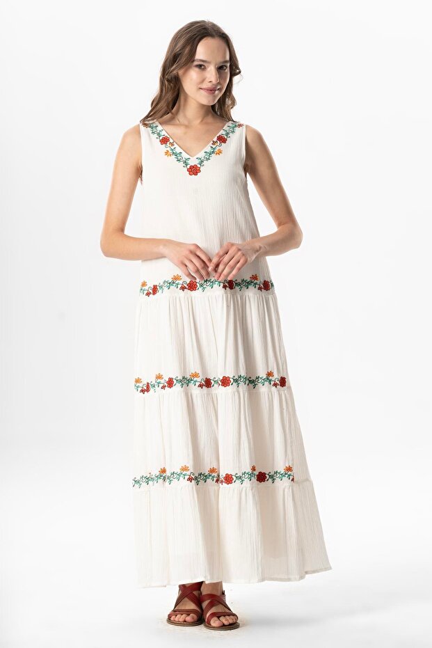 Sleeveless Şile Fabric Spring V-Neck Embroidered Long Summer Dress Cream Krm
