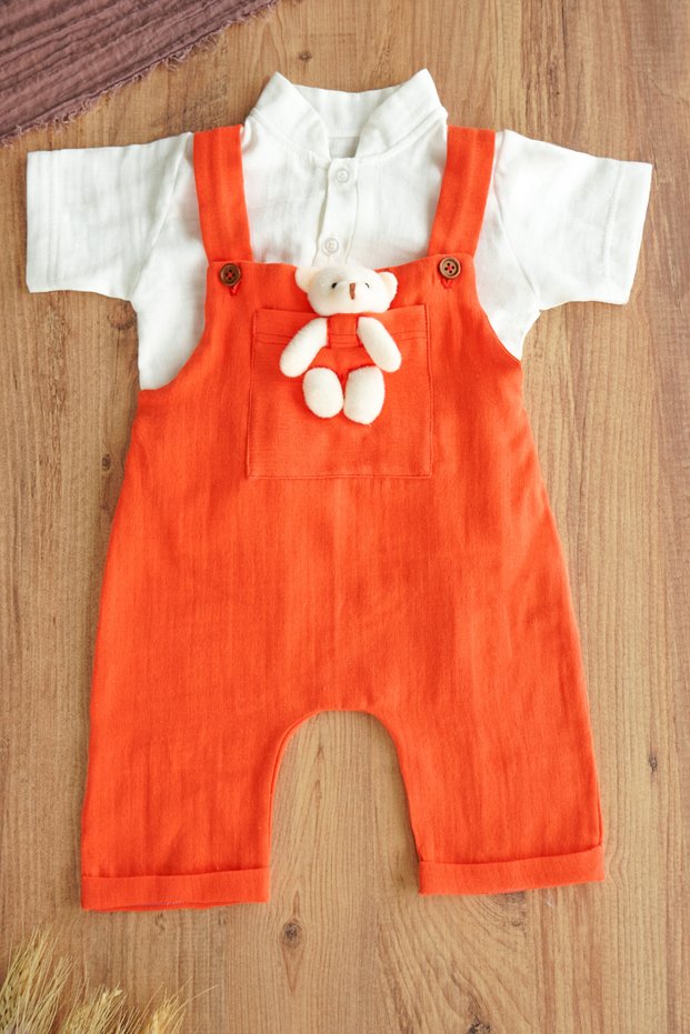X Silk Atlas Baby Boy Girl Muslin Set with Salopette and Teddy Bear