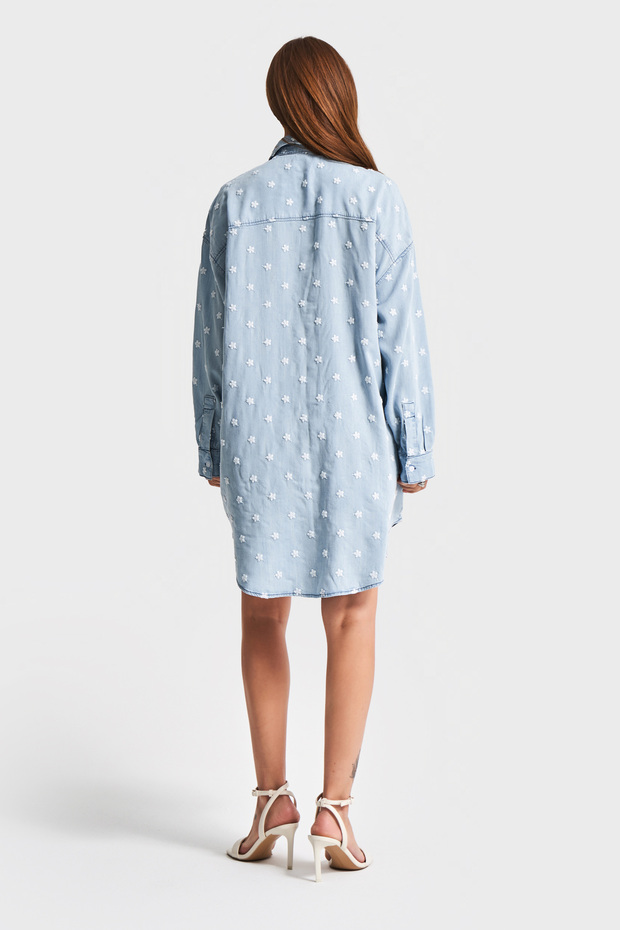 Kadın Snow Kot Rengi 1S5-3 Çiçek Nakışlı Oversize Tasarım Denim Gömlek - 6