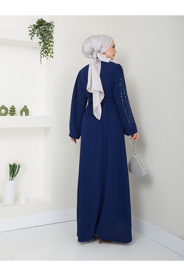 10 NUMARA MODA  Tesettür Giyim Kadın Ön ve kol Taşlı detaylar Ferace Elbise 10NMR4004 - 7