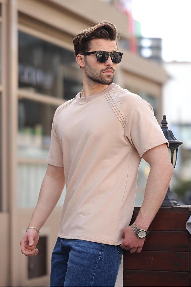 تي شيرت رجالي أساسي بياقة دائرية باللون البيج E7138 - 3